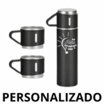 Personalizado - Jogo de Garrafa Térmica 500 ml com 3 Xícaras em Aço Inoxidável – Preto