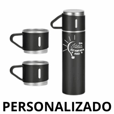 Personalizado - Jogo de Garrafa Térmica 500 ml com 3 Xícaras em Aço Inoxidável – Preto