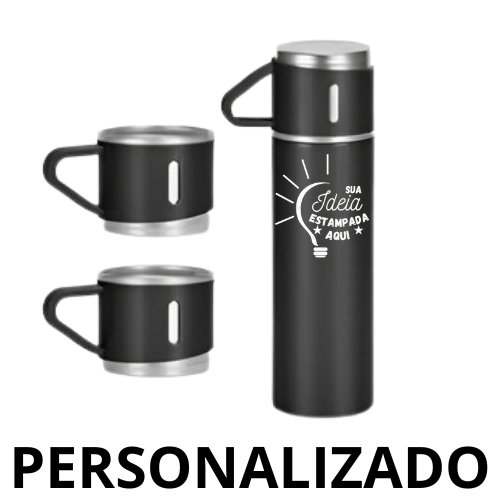 Personalizado - Jogo de Garrafa Térmica 500 ml com 3 Xícaras em Aço Inoxidável – Preto
