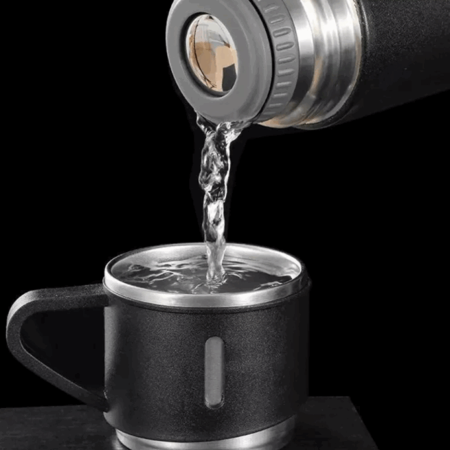 Personalizado - Jogo de Garrafa Térmica 500 ml com 3 Xícaras em Aço Inoxidável – Preto