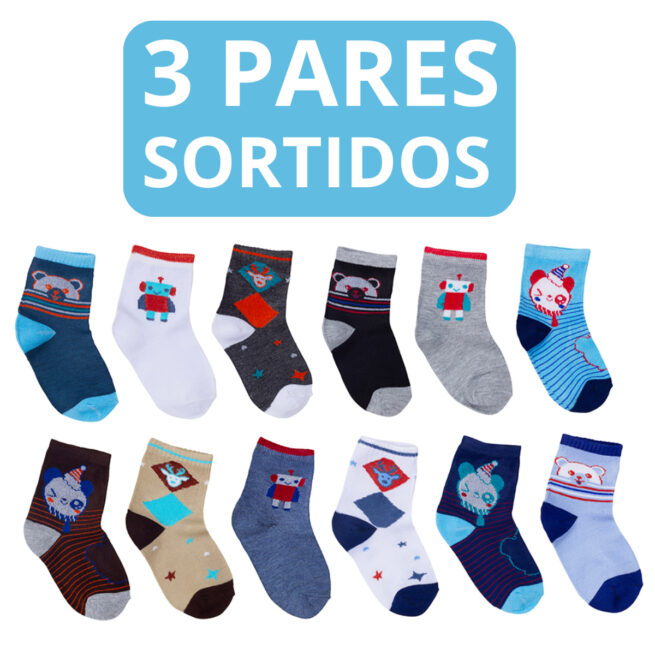 Kit com 3 Pares de Meias Infantis (6 Unidades) - Algodão Sortido