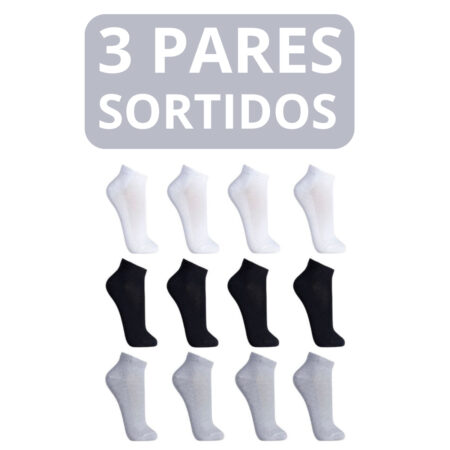 3 Pares de Meias Soquete Curtas de Algodão – Cores Sortidas