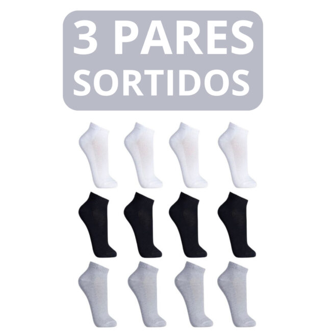 3 Pares de Meias Soquete Curtas de Algodão – Cores Sortidas