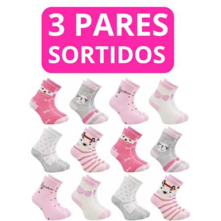 Kit com 6 Meias Femininas Infantis - 3 Pares (Cores Sortidas)