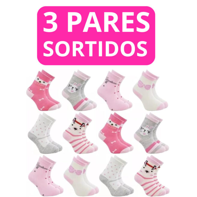 Kit com 6 Meias Femininas Infantis - 3 Pares (Cores Sortidas)
