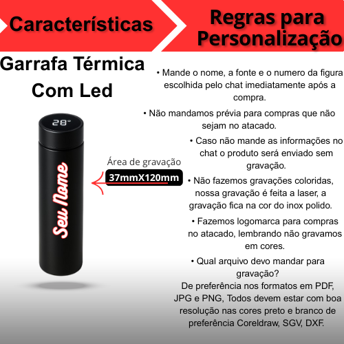 Garrafa Térmica Personalizada 500 ml com LED e Termômetro – Preto – Modernidade e Praticidade