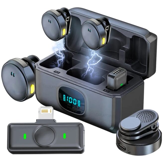 Microfone Lapela Duplo Sem Fio Magnético Anti-Ruído – Modelo ON-2912 – Cores Sortidas – Qualidade Profissional