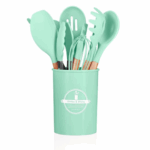 Conjunto de Utensílios de Cozinha 12 Peças Silicone e Cabo de Madeira - Verde