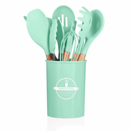 Conjunto de Utensílios de Cozinha 12 Peças Silicone e Cabo de Madeira - Verde