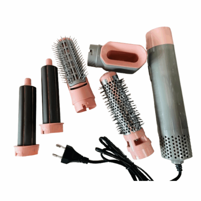 Escova Secador de Cabelo Multifuncional 5 em 1 110v – Rosa Claro/Prata – Praticidade e Estilo
