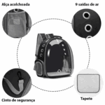 Mochila Pet Transporte para Cães e Gatos – Visão Ampla – Preto