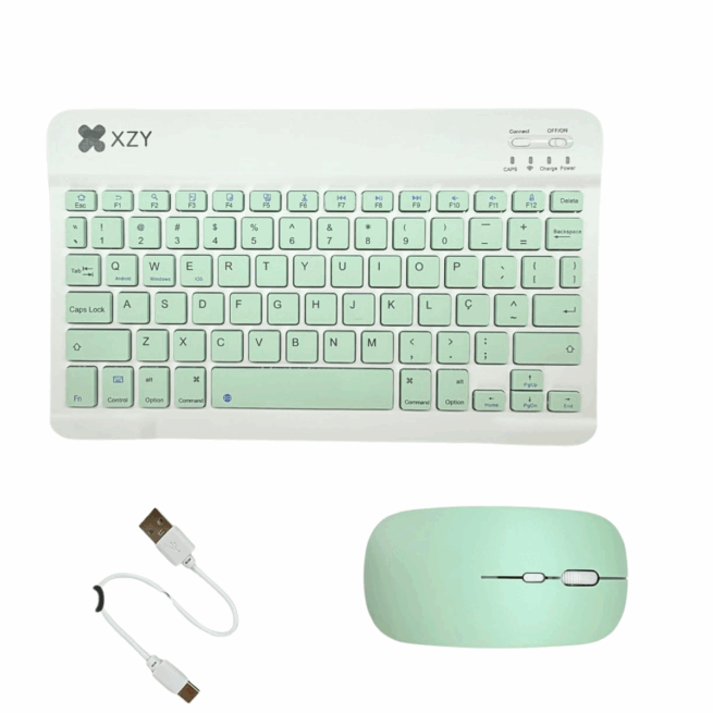 Teclado e Mouse Sem Fio Bluetooth – Conjunto Verde Claro – Compatível com Notebook e Tablet