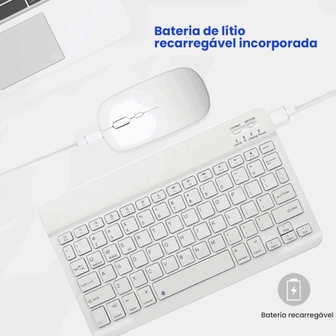 Conjunto Teclado + Mouse Sem Fio Bluetooth para Notebook e Tablet - Branco