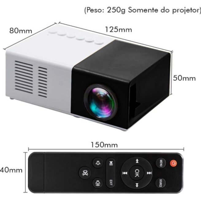 Mini Projetor Portátil LED 1080p com Saída HDMI – 600 Lumens – Preto/Branco