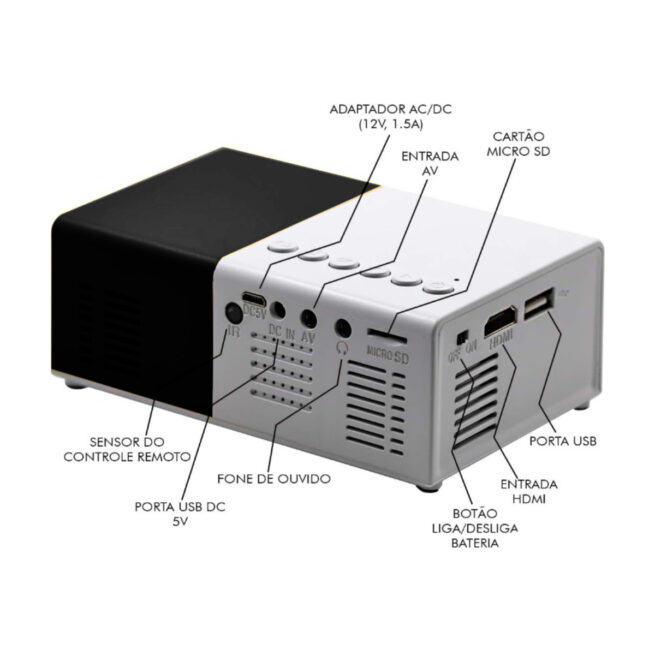 Mini Projetor Portátil LED 1080p com Saída HDMI – 600 Lumens – Preto/Branco