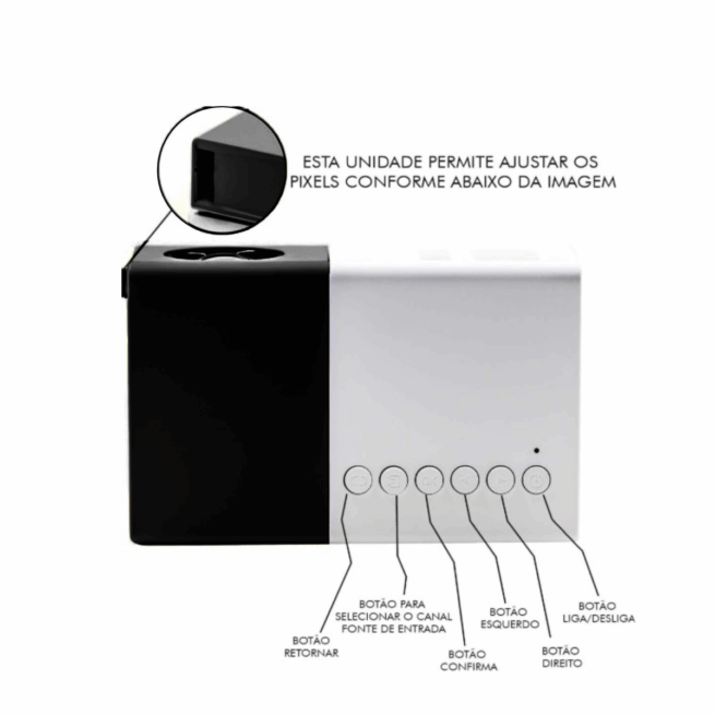 Mini Projetor Portátil LED 1080p com Saída HDMI – 600 Lumens – Preto/Branco