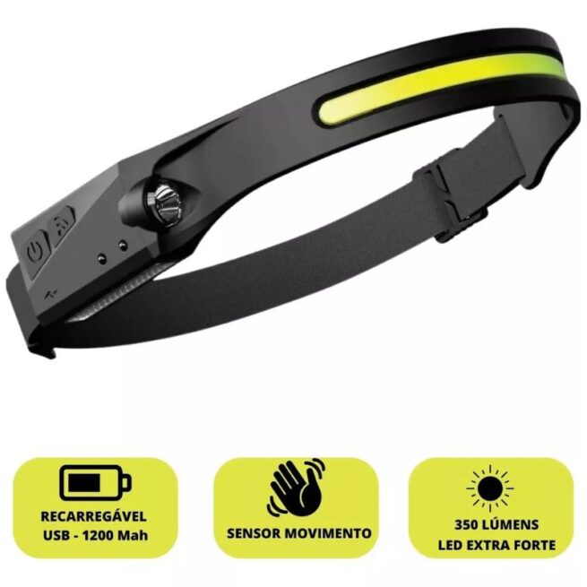 Lanterna de Cabeça com LED Recarregável e Sensor de Movimento