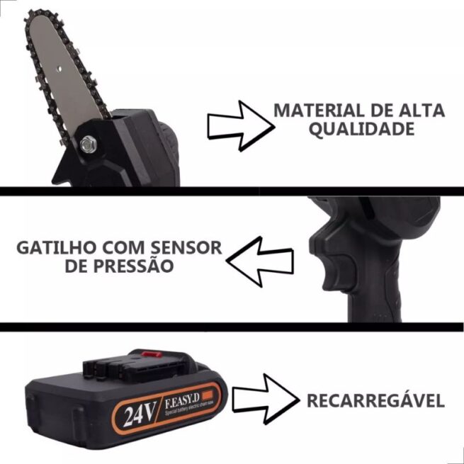 Mini Motosserra Bateria Recarregável – Potência e Praticidade