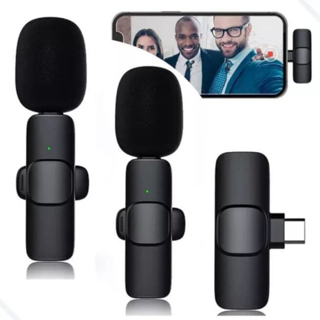 Microfone Lapela Sem Fio Tipo C para Celular - Duplo Preto BM-221