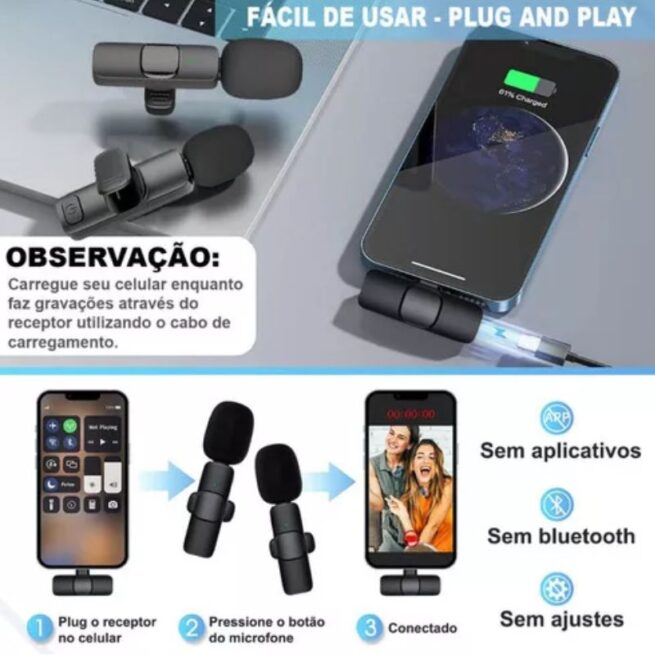 Microfone Lapela Sem Fio Tipo C para Celular - Duplo Preto BM-221