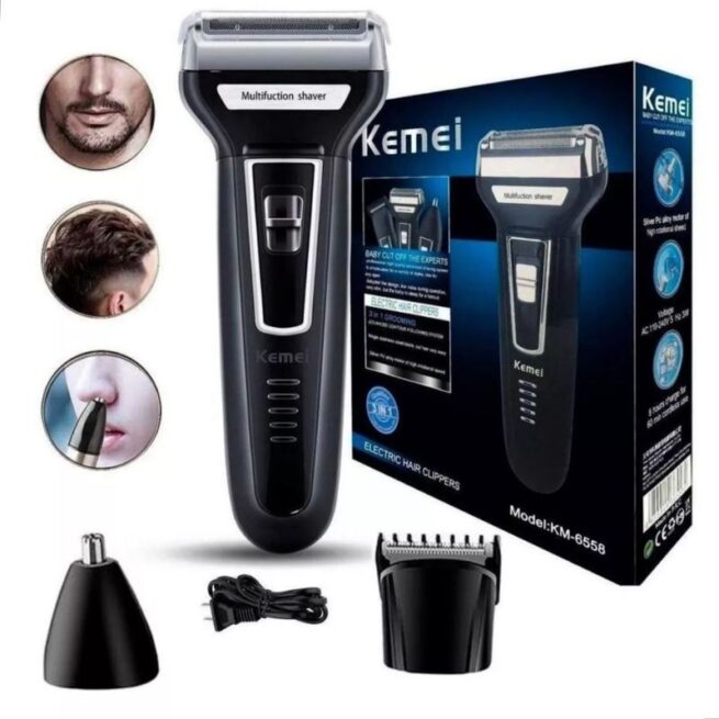 Aparador de Barba e Pelos 3 em 1 Recarregável Bivolt (Modelo KM6558) – Praticidade no Grooming