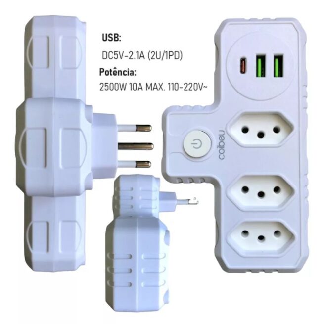Adaptador de Tomada Benjamin (T) com USB-A e USB-C Bivolt BM-8704A – Versatilidade e Segurança