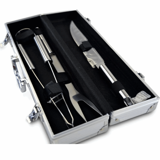 Conjunto de para Churrasco Steak com Maleta 3 Peças - De Aço Inox e Maleta de Alumínio