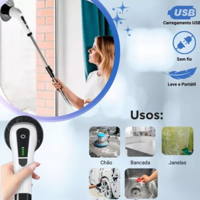 Escova de Limpeza Elétrica Rotativa 9 em 1 com Cabo Extensível – Esfregão Multiuso Bivolt