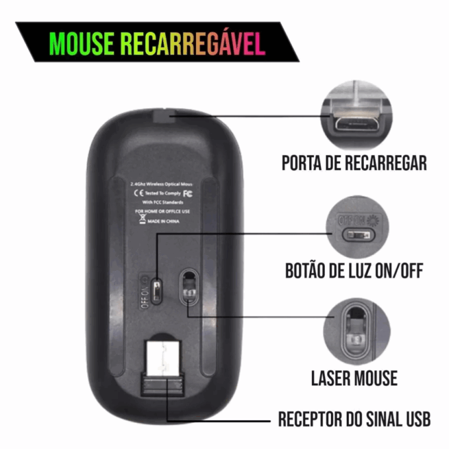 Mouse Sem Fio Bluetooth Recarregável com LED - Branco