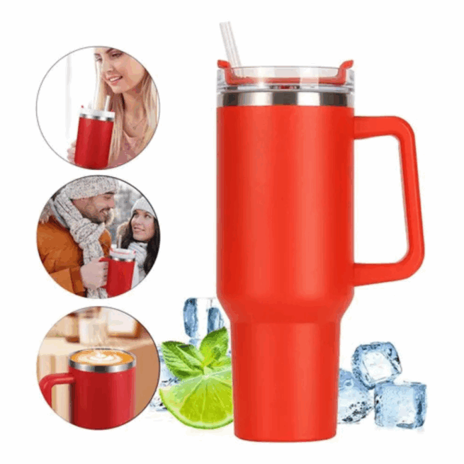 Copo Caneca Térmica Inox Personalizado (1200 ml) com Alça e Canudo – Vermelho