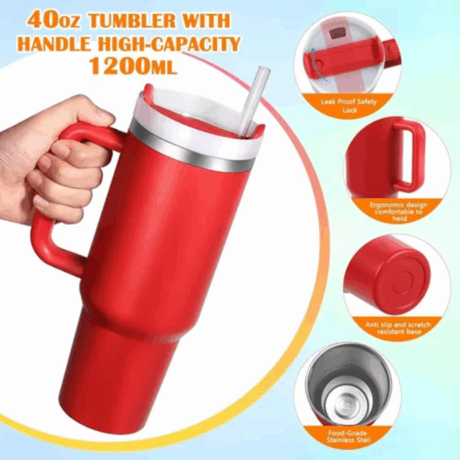 Copo Caneca Térmica Inox Personalizado (1200 ml) com Alça e Canudo – Vermelho