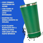 Copo Térmico Bluetooth Personalizado com Som LED, Tampa e Abridor 420 ml – Verde – Estilo e Tecnologia