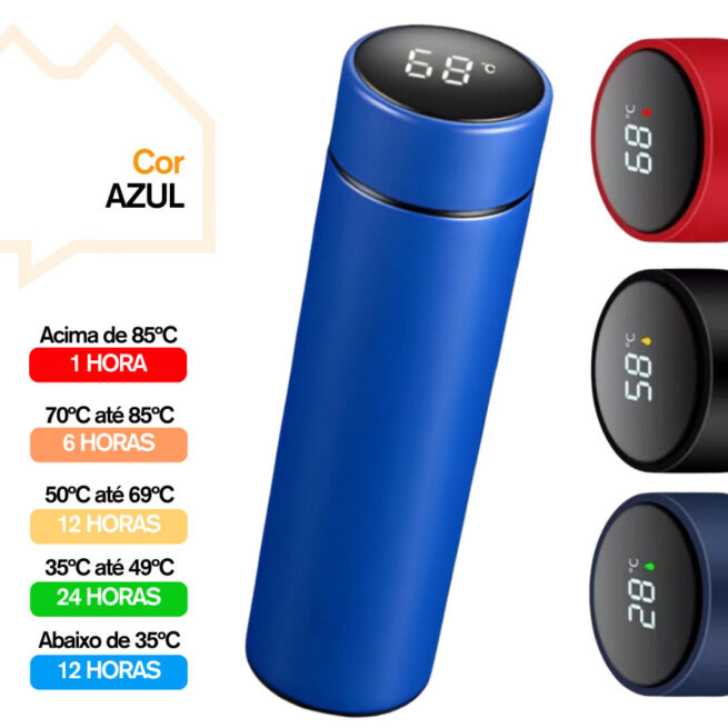 Garrafa Térmica Normal com LED e Termômetro (500 ml) – Azul