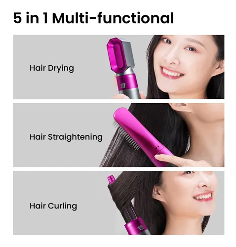 Escova Secador de Cabelo Multifuncional 5 em 1 110v – Rosa Claro/Prata – Praticidade e Estilo