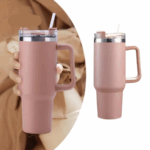 Copo Caneca Térmica Inox Personalizada (1200 ml) com Alça e Canudo – Rosê