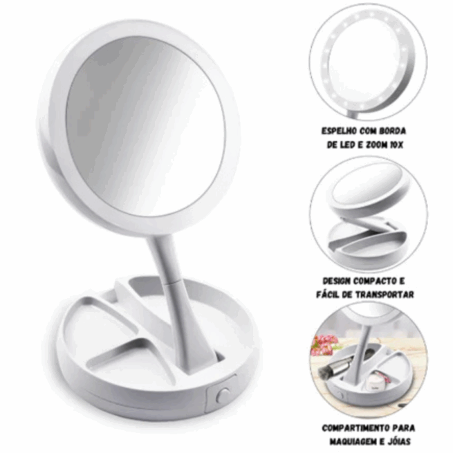 Espelho de Mesa LED para Maquiagem Dobrável – Branco