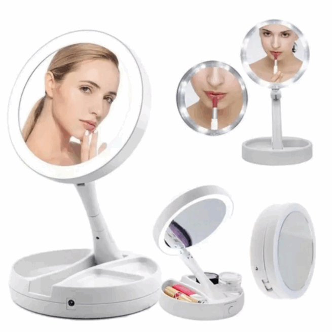 Espelho de Mesa LED para Maquiagem Dobrável – Branco
