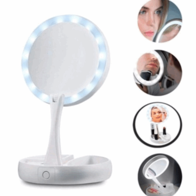 Espelho de Mesa LED para Maquiagem Dobrável – Branco