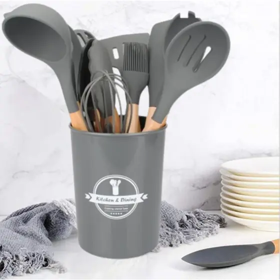 Conjunto de utensílios de cozinha - 12 peças - silicone e cabo madeira - cinza