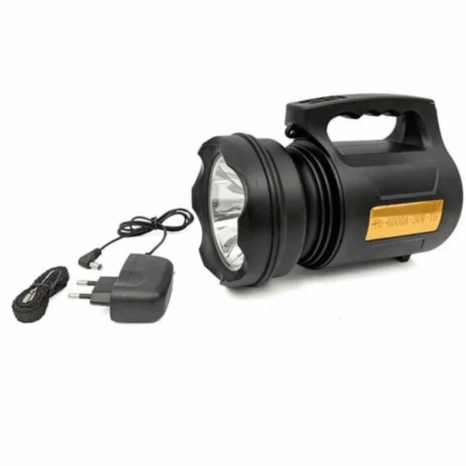 T6 LANTERNA BIVOLT - Holofote LED PRETO 30W TD-6000A Recarregável Pesca Trilha Camping- BM-6000