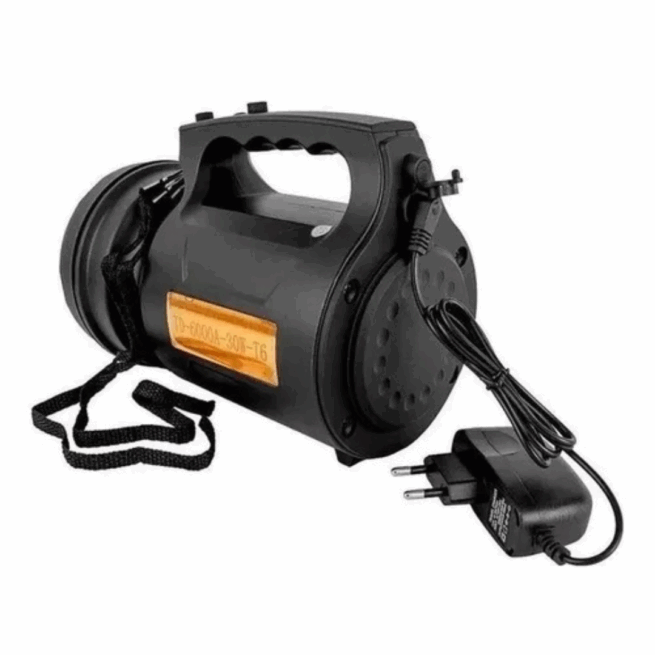 T6 LANTERNA BIVOLT - Holofote LED PRETO 30W TD-6000A Recarregável Pesca Trilha Camping- BM-6000
