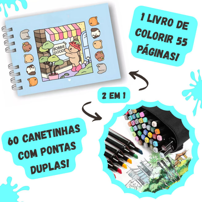 Kit Livro para Colorir Bobbie Goods Azul com 60 Canetas – Estímulo à Imaginação