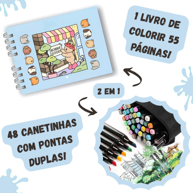 Kit Livro Colorir Bobbie Goods - Azul - 48 Canetas - Estímulo à criatividade