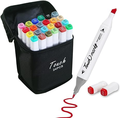 Kit 24 Canetas Coloridas Ponta Dupla com Estojo – Corpo Preto ou Branco | Ideal para Desenho e Escrita