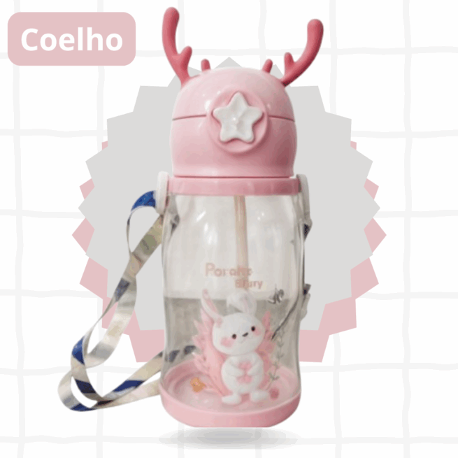 Garrafa Infantil Portátil Coelho ou Pónei com Tampa, Canudo e Alça Lateral – Feminino