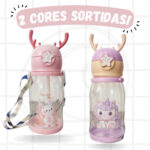 Garrafa Infantil Portátil Coelho ou Pónei com Tampa, Canudo e Alça Lateral – Feminino