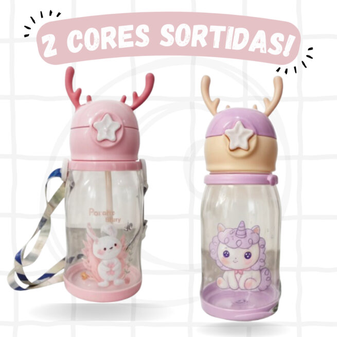 Garrafa Infantil Portátil Coelho ou Pónei com Tampa, Canudo e Alça Lateral – Feminino