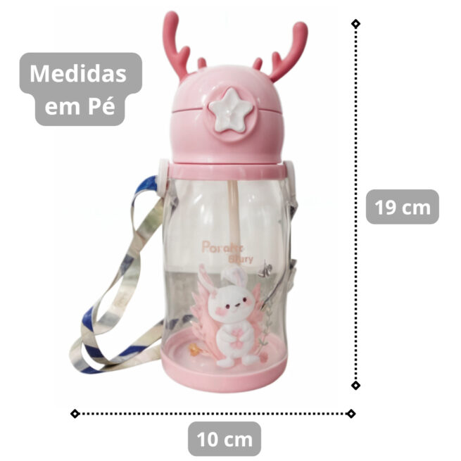 Garrafa Infantil Portátil Coelho ou Pónei com Tampa, Canudo e Alça Lateral – Feminino