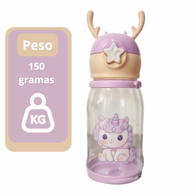 Garrafa Infantil Portátil Coelho ou Pónei com Tampa, Canudo e Alça Lateral – Feminino