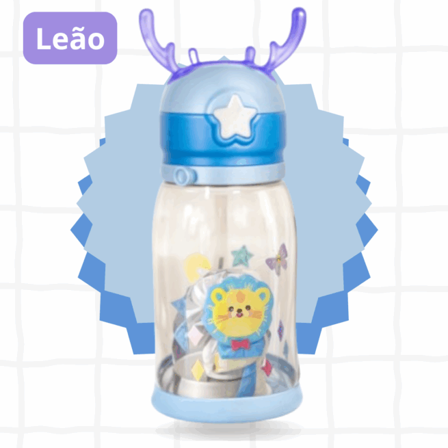 Garrafa Infantil Portátil com Desenho e Alça – Tema Leão ou Dinossauro – Masculino